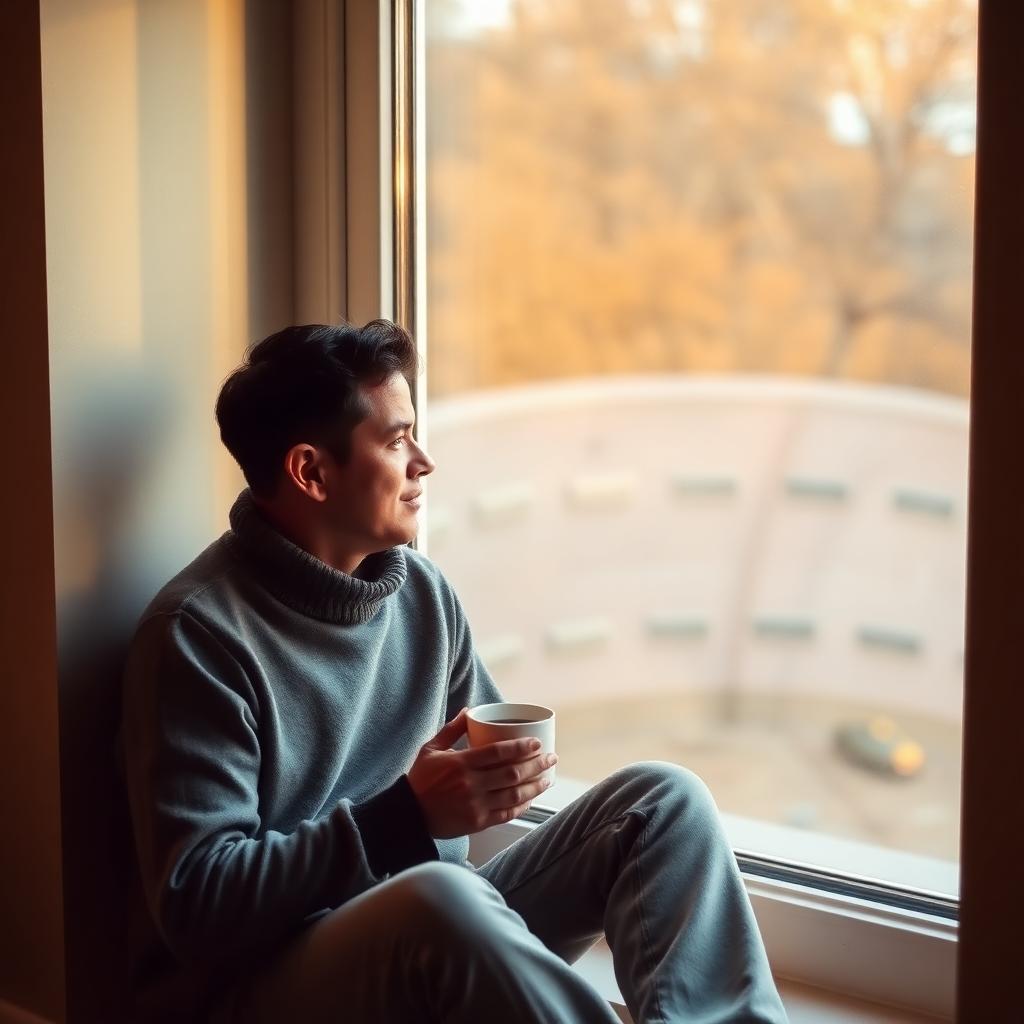 Adult sitting quietly by a window, reflecting