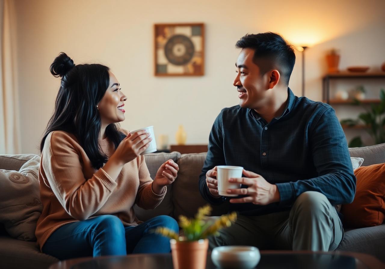 Two adults sharing a warm, supportive conversation