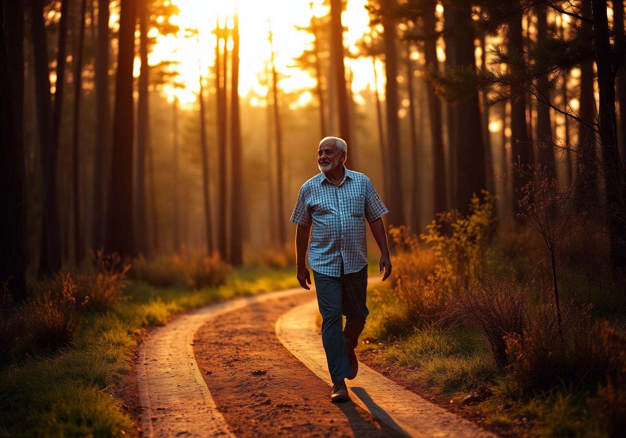 Adult walking on a quiet path at golden hour